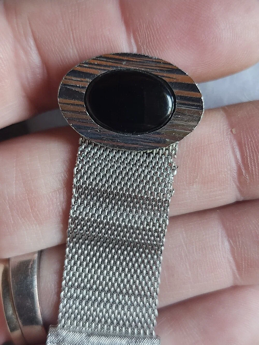Vtg DANTE Silver Tone Mesh Cufflinks with Black Oval Inlay